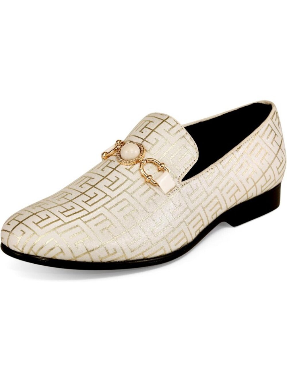 Amali Men's Cream Geometric Print Loafers Gold Buckle Slip On Wedding Shoes